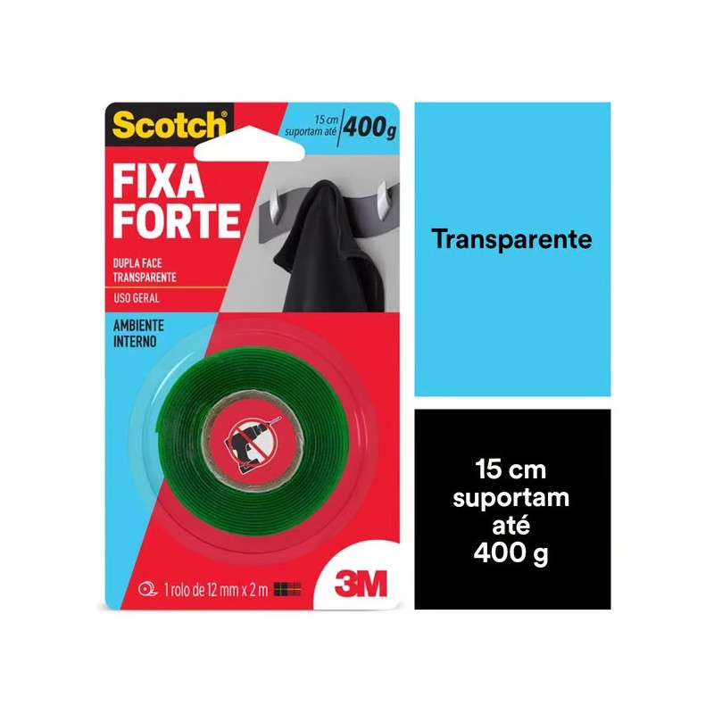 DUPLA FACE FIXA FORTE TRANSPARENTE 3M 12MMX2M